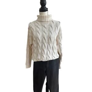 Vintage Eddie Bauer Women’s 100% Cotton Cable Knit Turtleneck Sweater L Cream 90